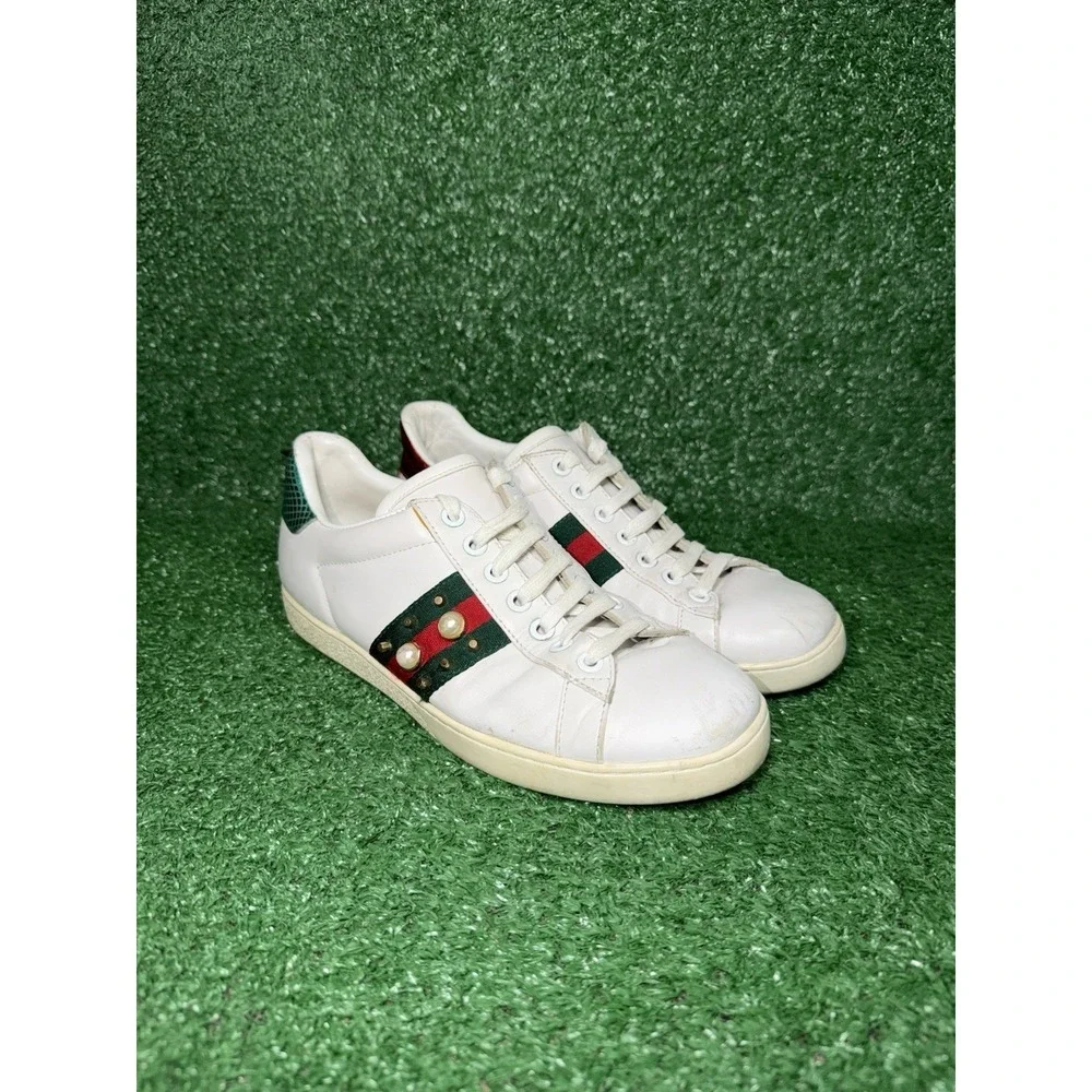 Gucci Ace Trainers Pearl Studded Web White Leather Shoes Womens Size 9 US 39 EU